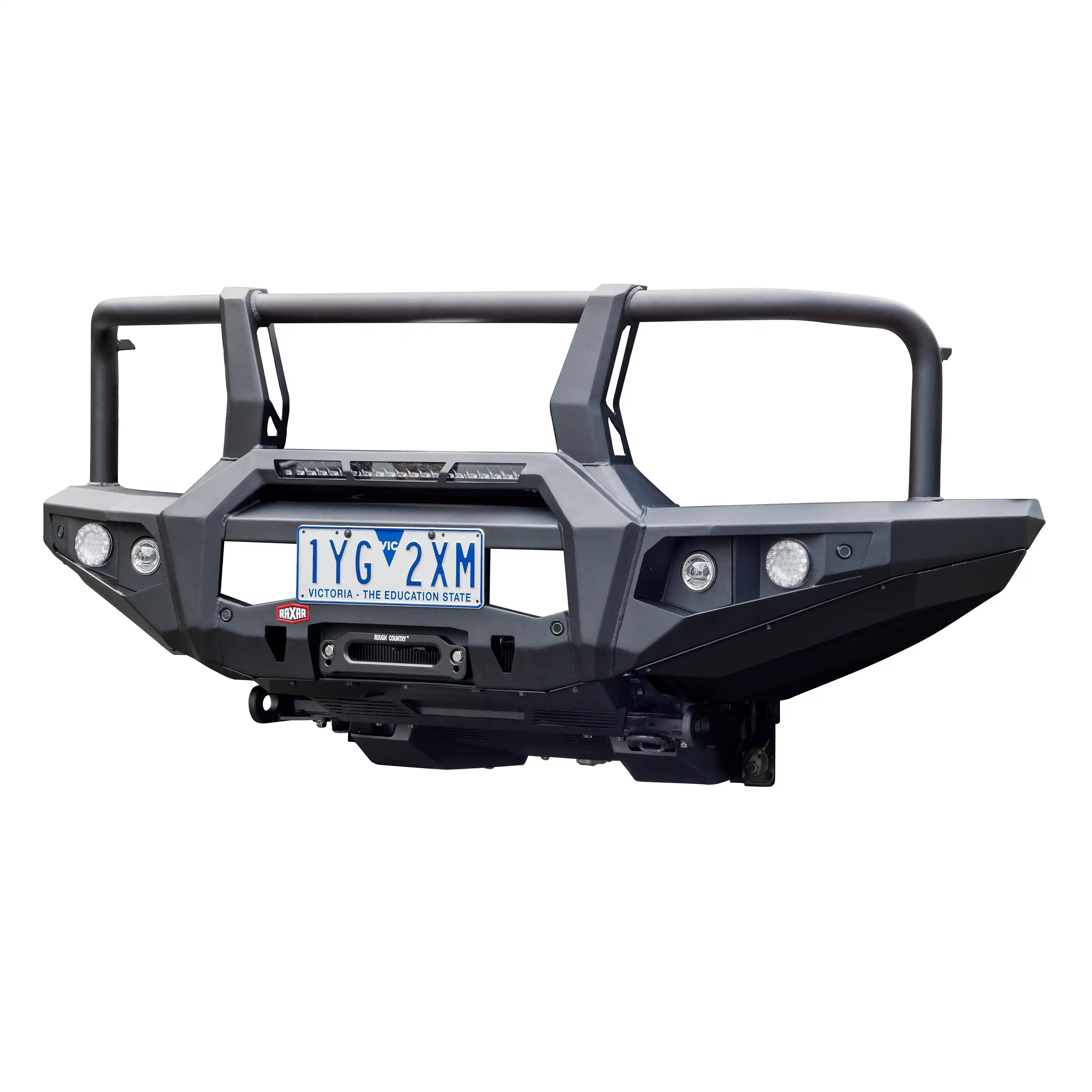 RAXAR Looped Bull Bar for GWM Tank 300, showcasing its split pan design, inner wing bracing, and antenna mounts. Trusted by Elevated 4x4 customers in Australia for off-road durability and touring reliability.