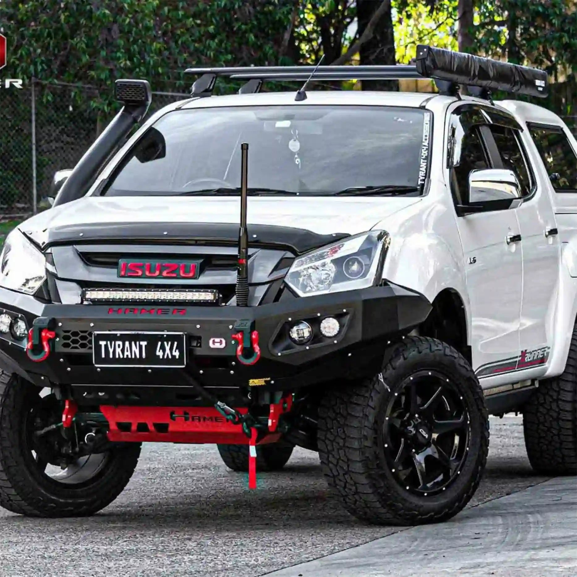 Detailed right close angle of Hamer King Series Bull Bar for Isuzu D-Max, emphasizing ADR compliance, winch compatibility, and rugged off-road strength.