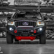 Close front angle of Hamer King Series Bull Bar fitted to LDV T60, showing sleek integrated design, winch compatibility, and durable matte black finish.