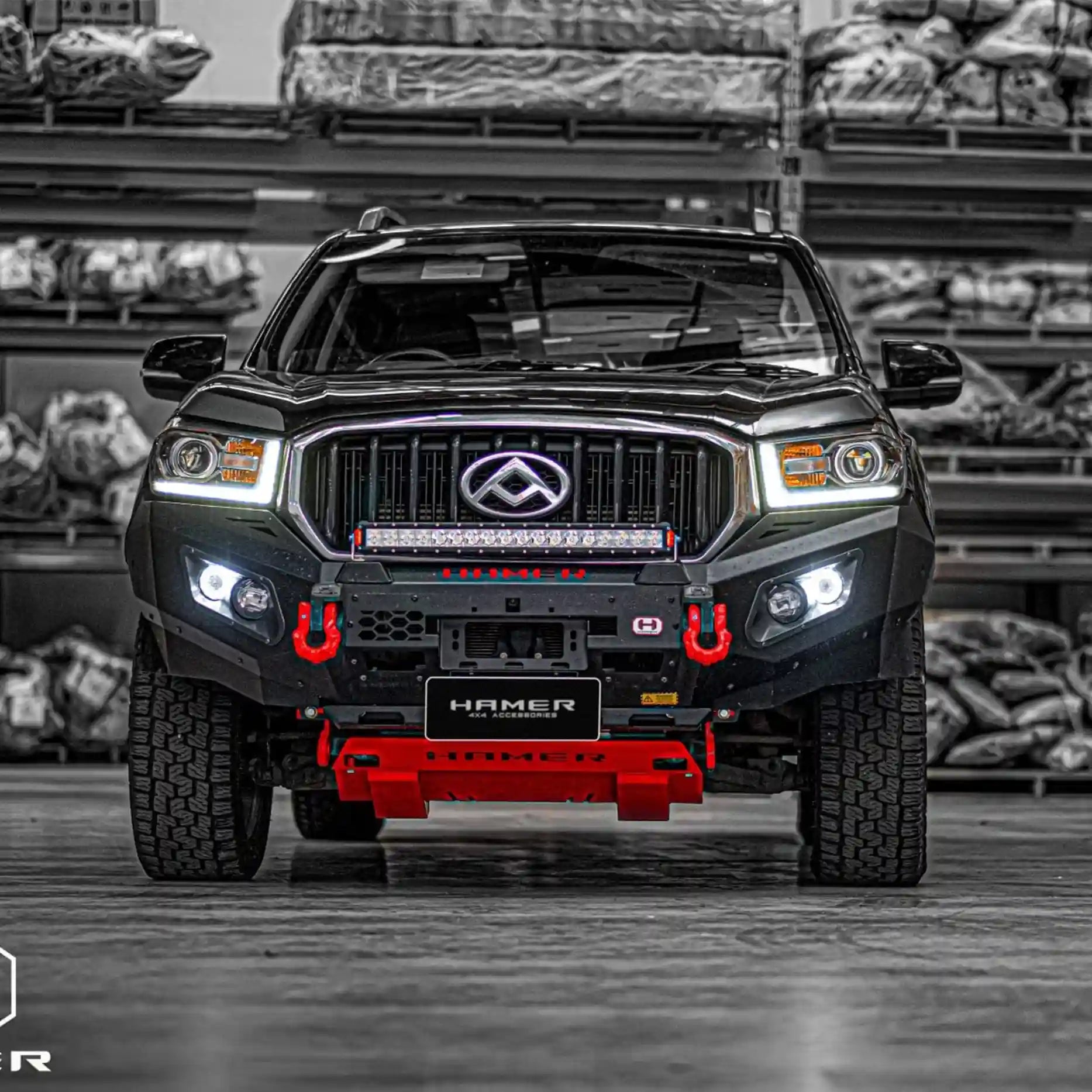 Close front angle of Hamer King Series Bull Bar fitted to LDV T60, showing sleek integrated design, winch compatibility, and durable matte black finish.