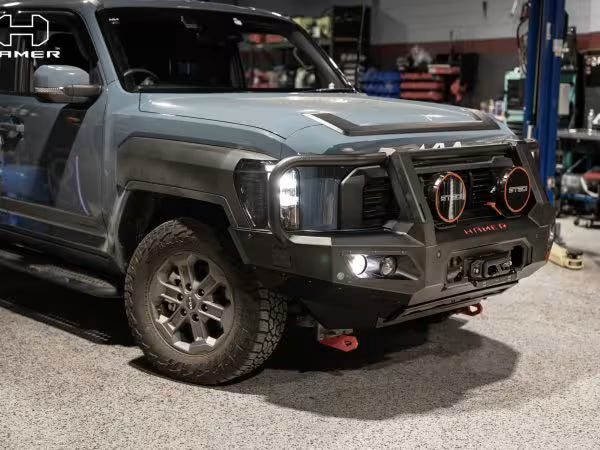 Front angle view of Hamer 4x4 bull bar installed on off-road vehicle