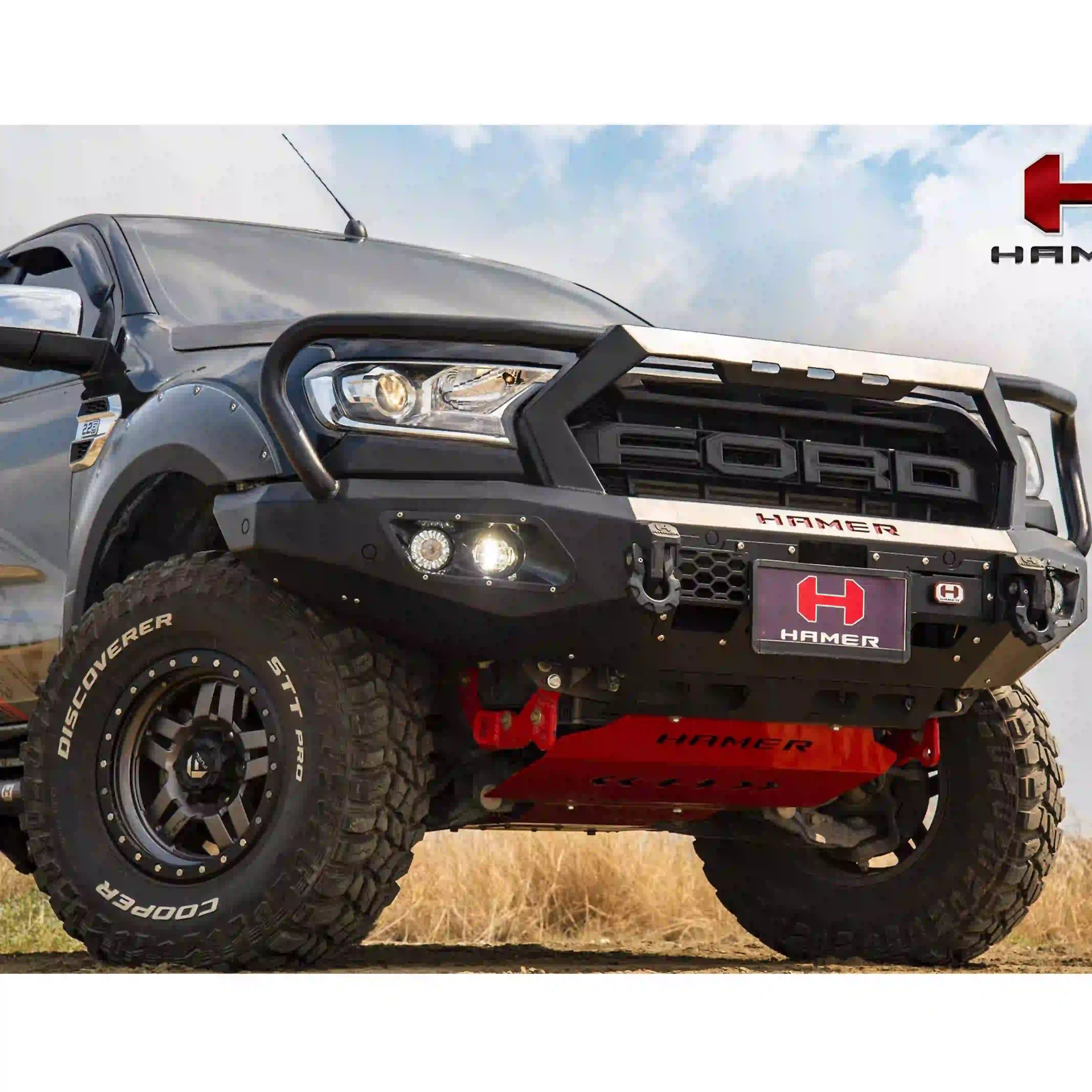 Left angle installed view of Hamer 4x4 King Series Plus Bull Bar for Ford Ranger PX2 PX3 (2015–2022), featuring matte black finish and recovery points.