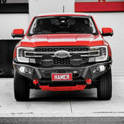 Front installed view of Hamer 4x4 King Series Bull Bar on Ford Ranger (2022–Present), showing matte black finish, ADR compliance, and LED lighting.