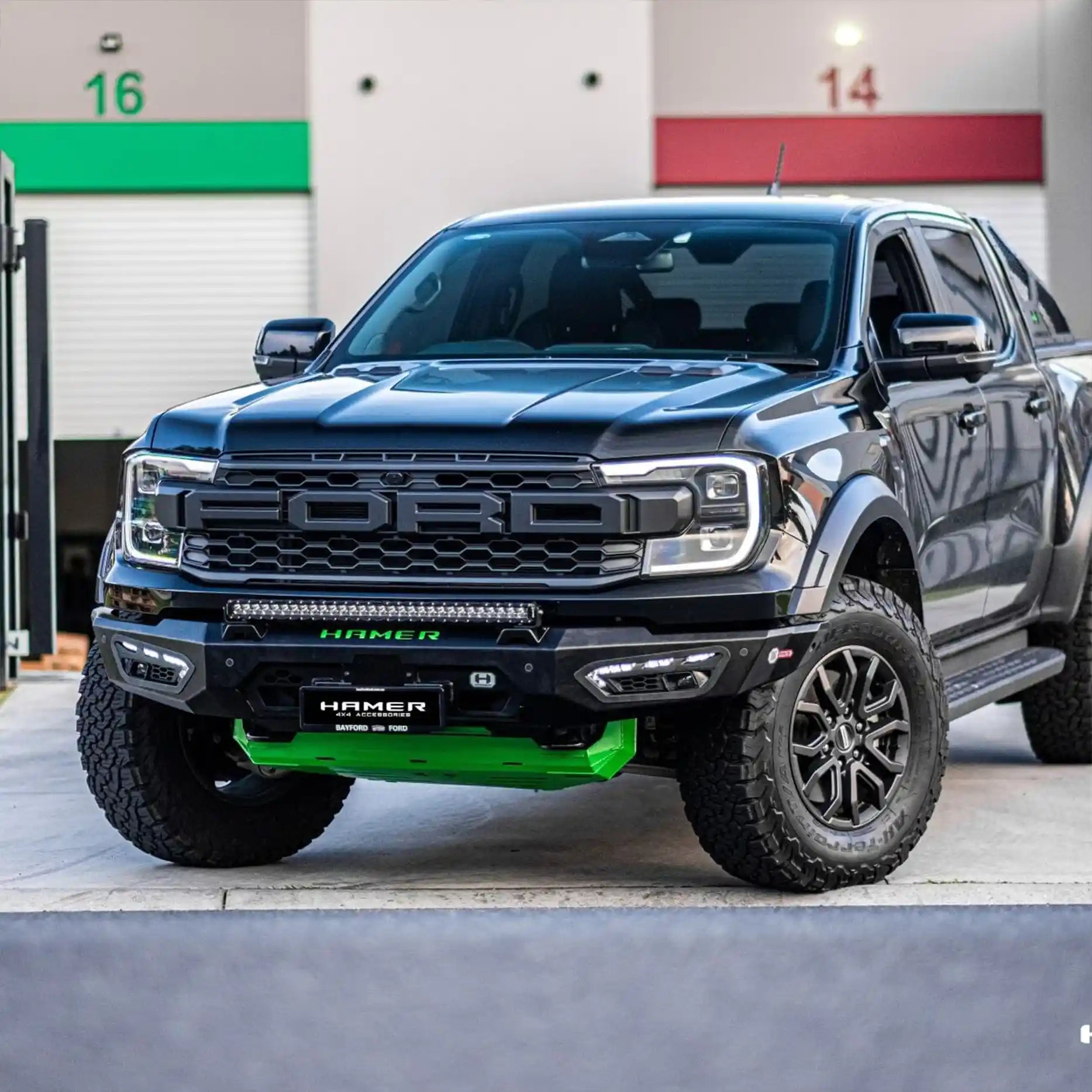 Right profile of the Ford Ranger Raptor (2022 – Present) showcasing the Hamer Atlas Series Bull Bar with additional light mounting points and aerodynamic design.