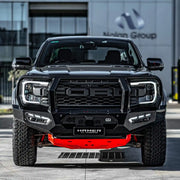 Close-up front shot of the Hamer Atlas Series Plus Bull Bar on the Ford Ranger Raptor 2022+, featuring E-Mark certified daytime running lights, fog lamps, indicators, and winch lever access.