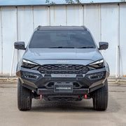 Front view of Isuzu MU-X 2025 with Hamer Atlas Series Bull Bar in matte black, highlighting ADR compliance, integrated LED lights, and rugged off-road styling.