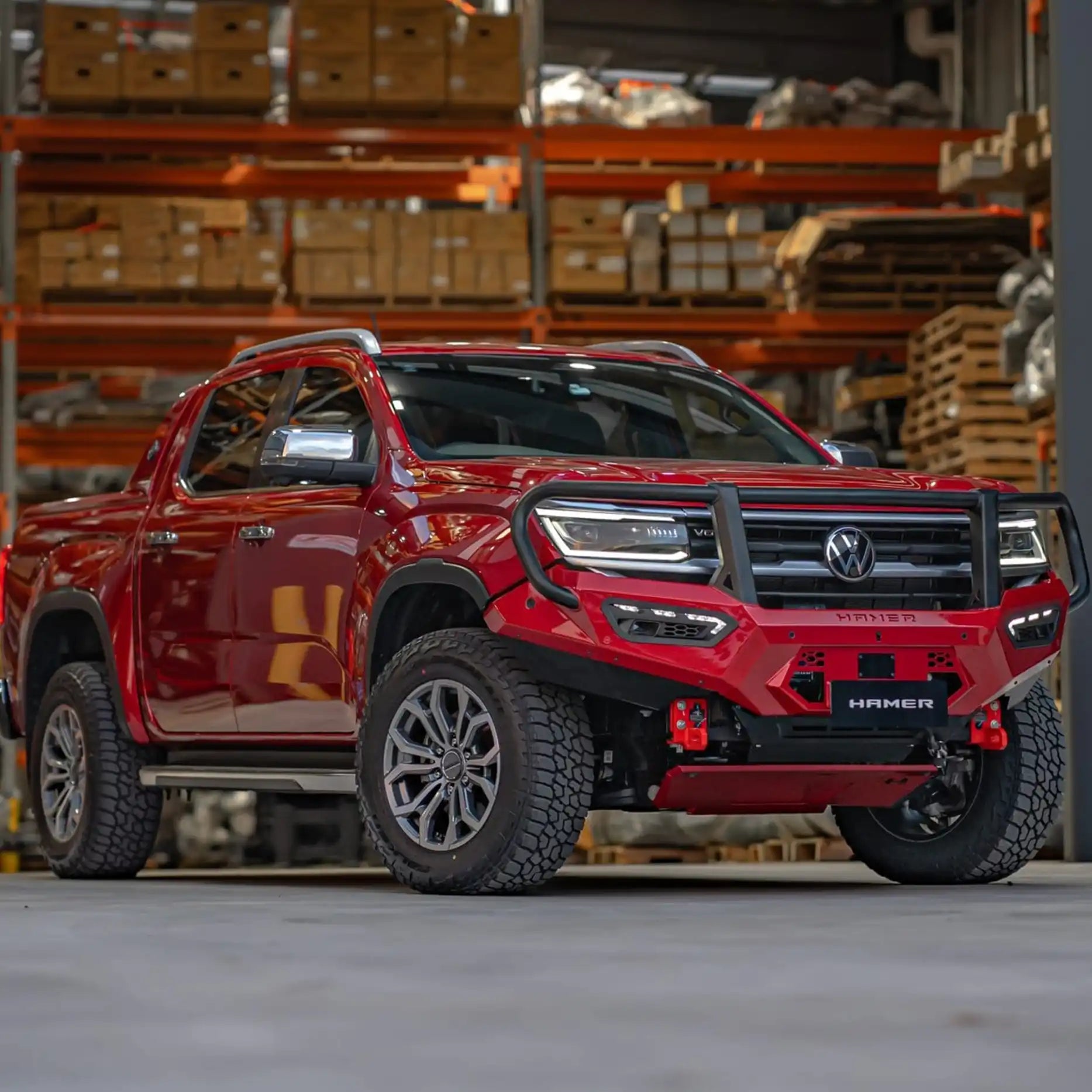 Left-side view of Volkswagen Amarok with Hamer Atlas Series Plus Bull Bar, showing seamless integration with parking sensors and radar module for advanced safety and modern styling.