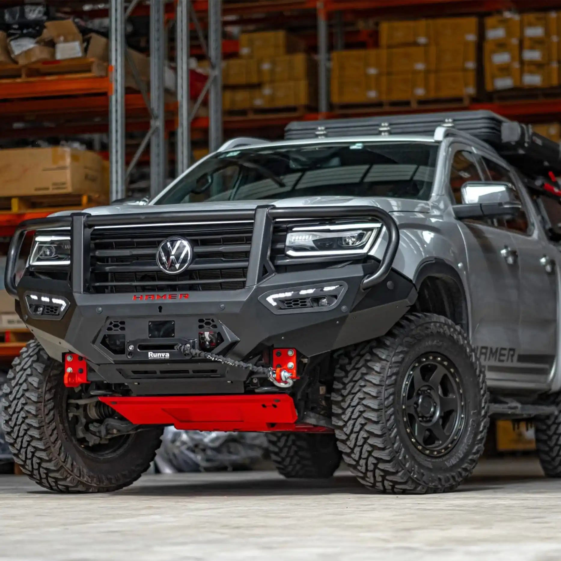 Right-side profile of Volkswagen Amarok (2023 – Present) with Hamer Atlas Series Plus Bull Bar, showcasing aerodynamic design, aerial mounting points, and full bumper replacement.
