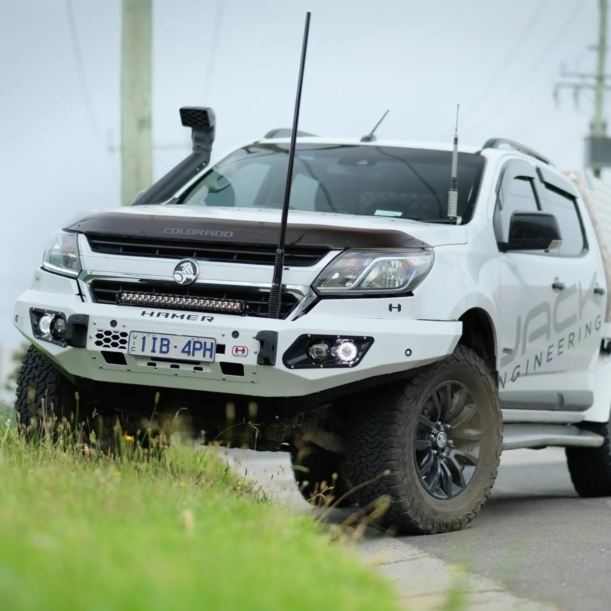 right installed view hamer king bull bar on holden colorado 2016 2020 showing slim fit bumper replacement elevated 4x4