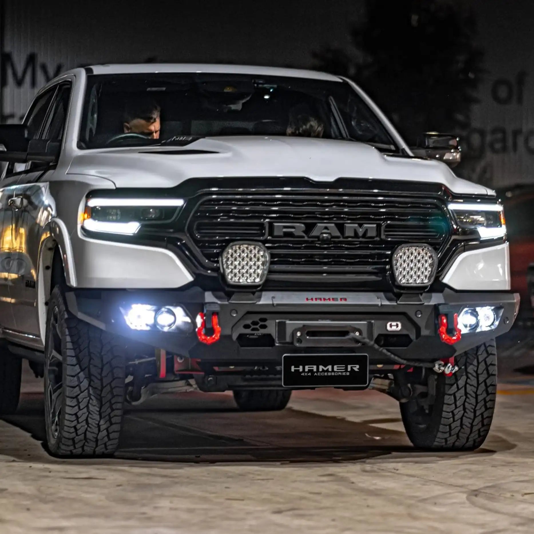 Angled front of Ram 1500 DT (2021–Present) with Hamer King Series Bull Bar, ADR compliant and winch compatible up to 12,000 lb.
