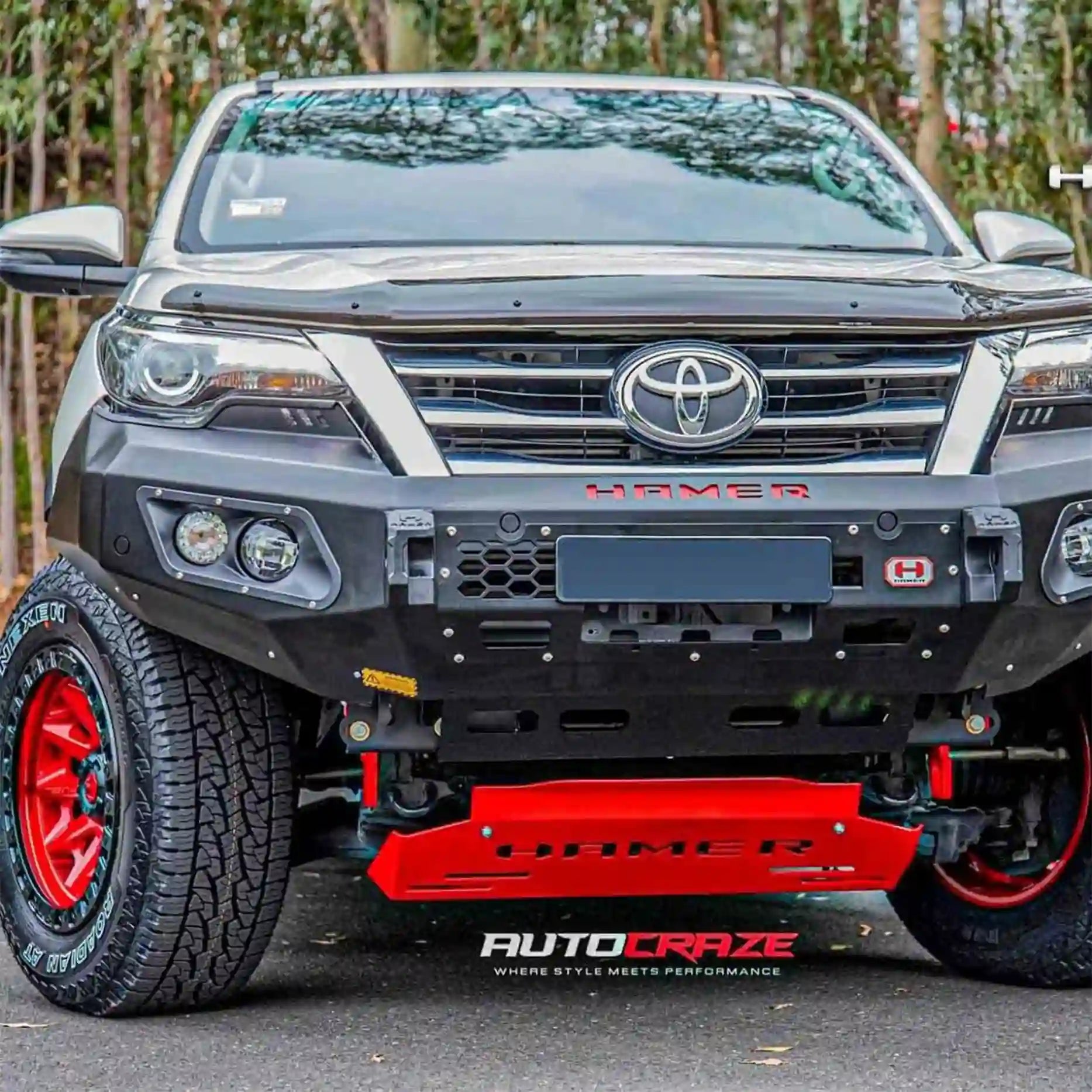 Close front angle of Toyota Fortuner (2015–2020) showcasing Hamer King Bull Bar, winch ready with rated recovery points.