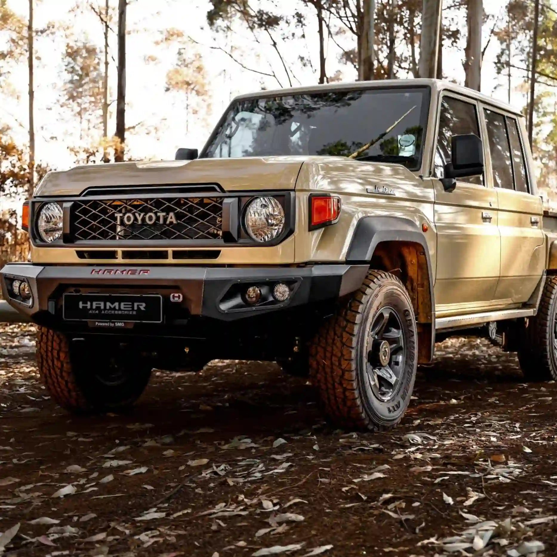 Angled right of Toyota Landcruiser 70 Series (2023–Present) with Hamer King Bull Bar, 3mm high-grade steel and aerial mounting points.