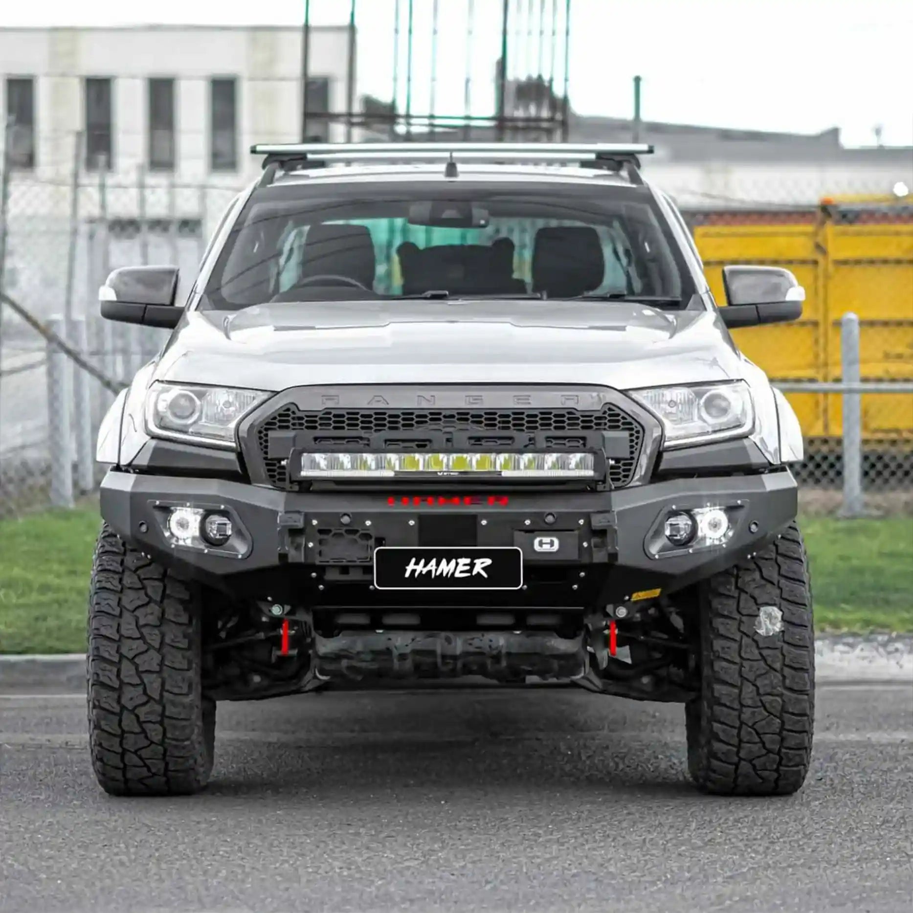 Angled front profile of King Series Bull Bar for Ford Ranger PX2 & PX3, highlighting rated recovery points, winch compatibility, and matte black powder-coated finish.