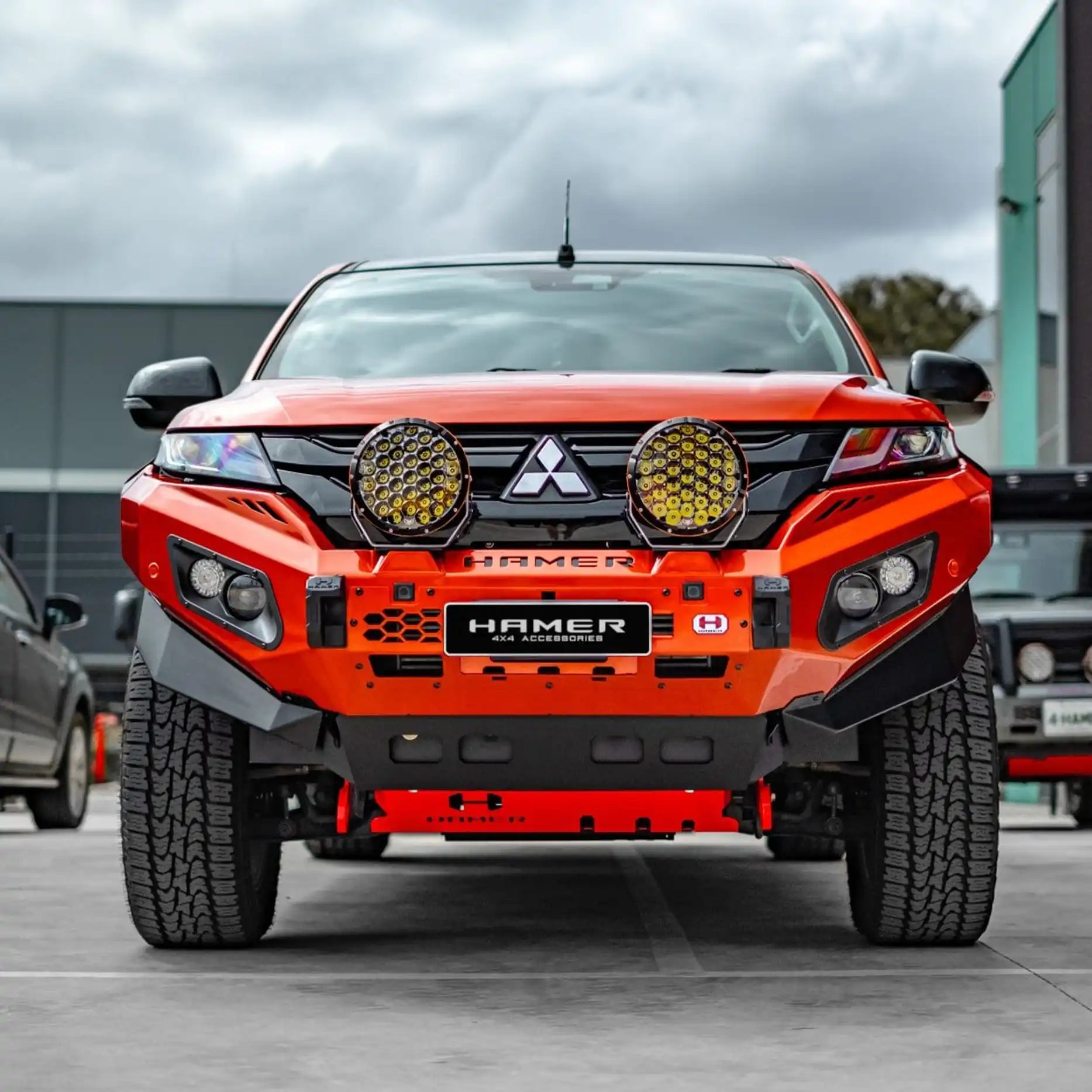 Front view of Mitsubishi Triton MR (2018–Present) with Hamer King Bull Bar, a 3mm steel bumper replacement, ADR compliant with LED lighting.