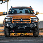 Front view of Mitsubishi Triton MV (2024–Present) fitted with Hamer King Bull Bar, a matte black bumper replacement with LED lights and recovery points.