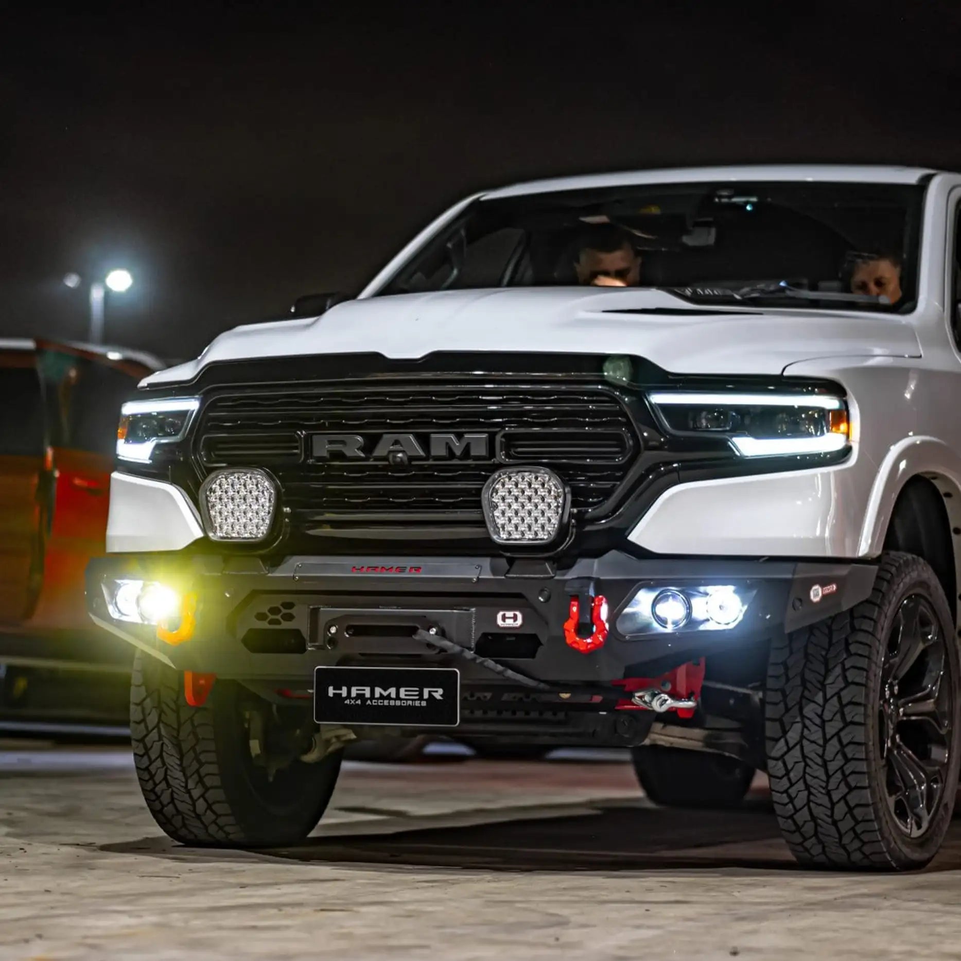 Right side of Ram 1500 DT (2021–Present) with Hamer King Series Bull Bar, strong off-road protection and matte black finish.
