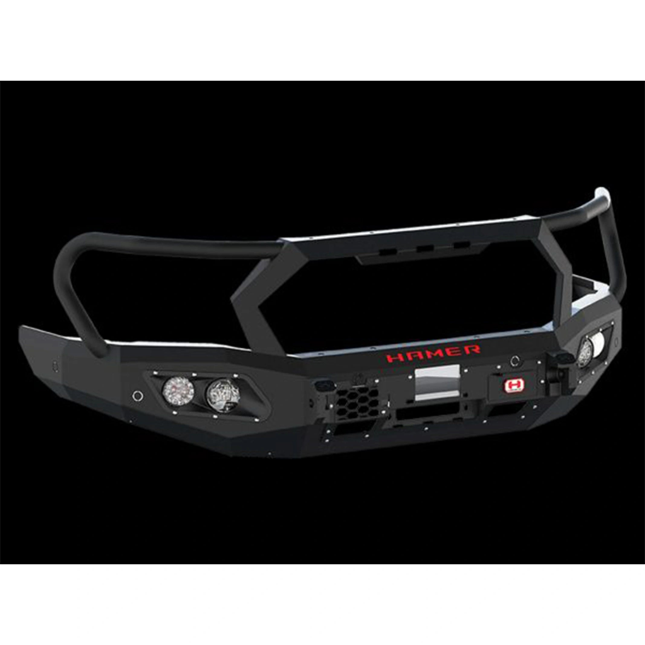 Close-up left installed view of the Hamer King Series Plus Bull Bar on a Ford Everest (2015–2022) by Elevated 4x4. This off-road accessory emphasizes sleek integration with the vehicle, matte black powder coating, full bumper replacement design, and mounting points for extra lights, offering both rugged protection and stylish Australian engineering for every journey.