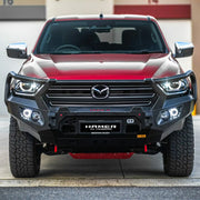 Front view of Mazda BT-50 (2021–2024) with Hamer King Series Plus Bull Bar, matte black finish, LED lighting and ADR compliant.