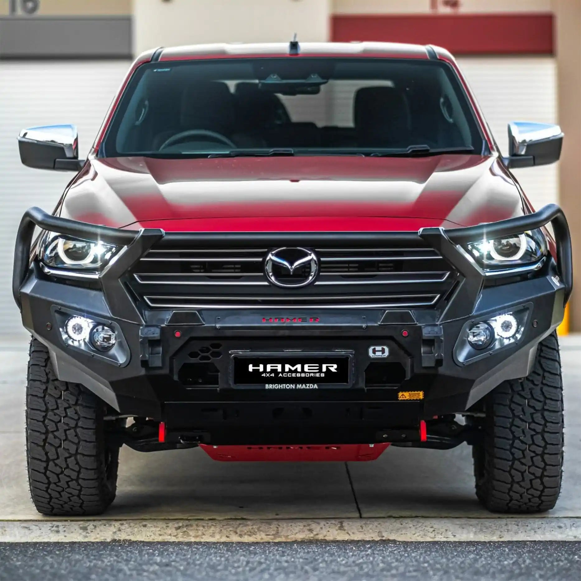 Front view of Mazda BT-50 (2021–2024) with Hamer King Series Plus Bull Bar, matte black finish, LED lighting and ADR compliant.