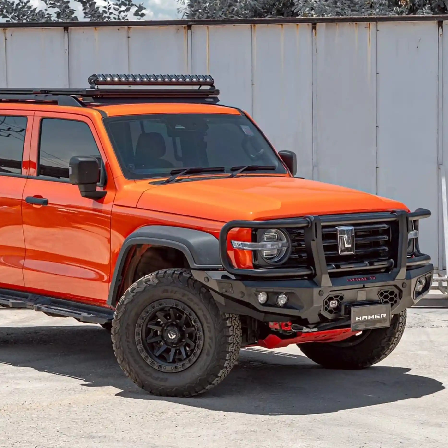 Left side angle of the GWM Tank 300 equipped with the Hamer King Series Plus Bull Bar, highlighting its 3.5T rated recovery points, sleek integration, and durable 3 mm steel plate construction.