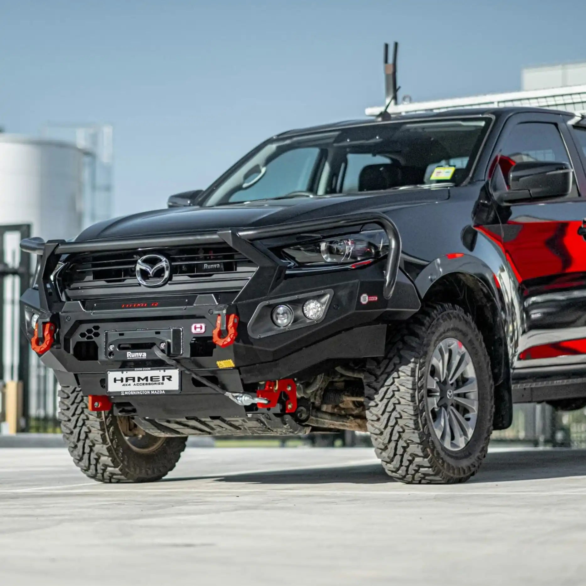 Right side of Mazda BT-50 (2021–2024) equipped with Hamer King Series Plus Bull Bar, winch access, aerial mounts and matte black coat