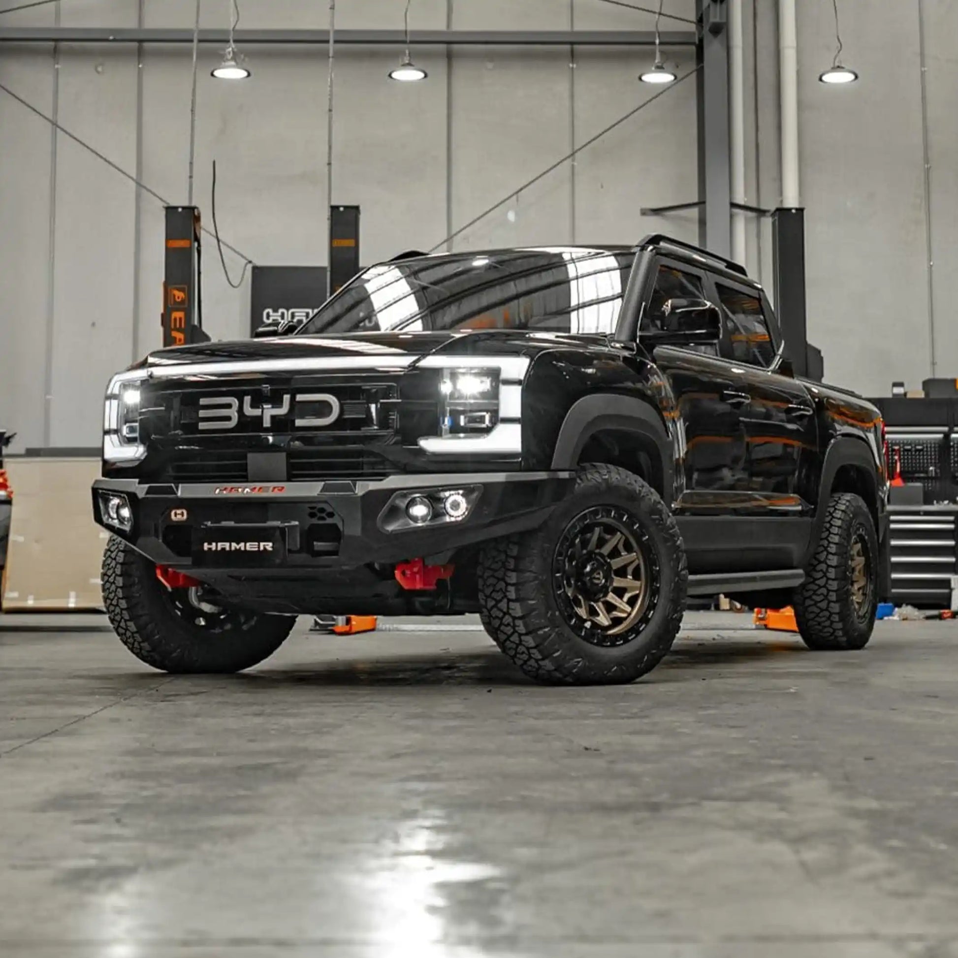 right angle installed hamer king bull bar on byd shark 6 2024 matte black finish with antenna mounts and light provisions elevated 4x4
