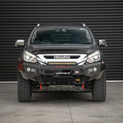 Front view of Isuzu MU-X 2016–2020 fitted with Hamer King Series Bull Bar, showing matte black powder-coated finish, ADR / Airbag compliance, and integrated LED lighting system.