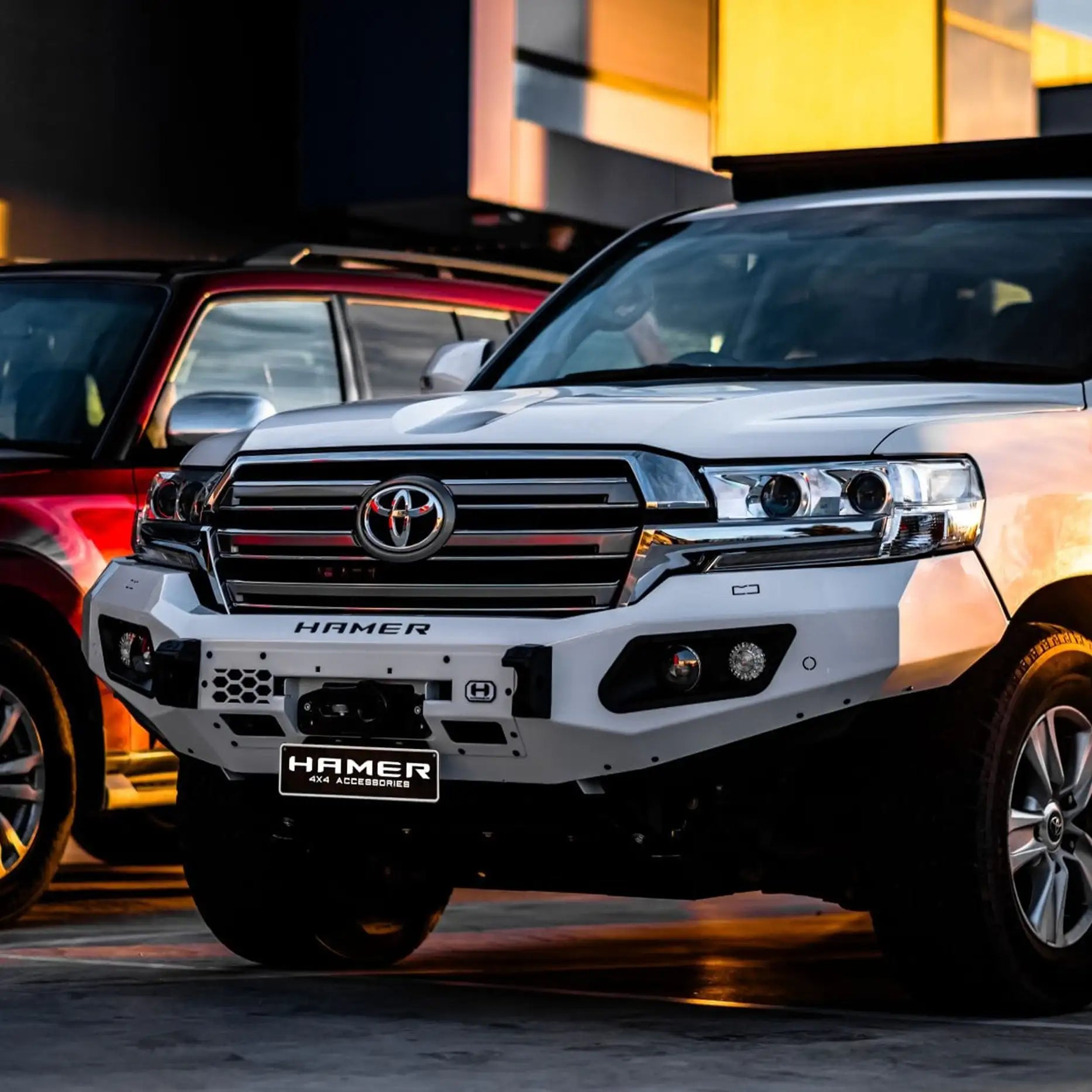 Right view of Landcruiser 200 Series equipped with Hamer King Series Bull Bar, ADR compliant, winch compatible and styled for off-road strength.
