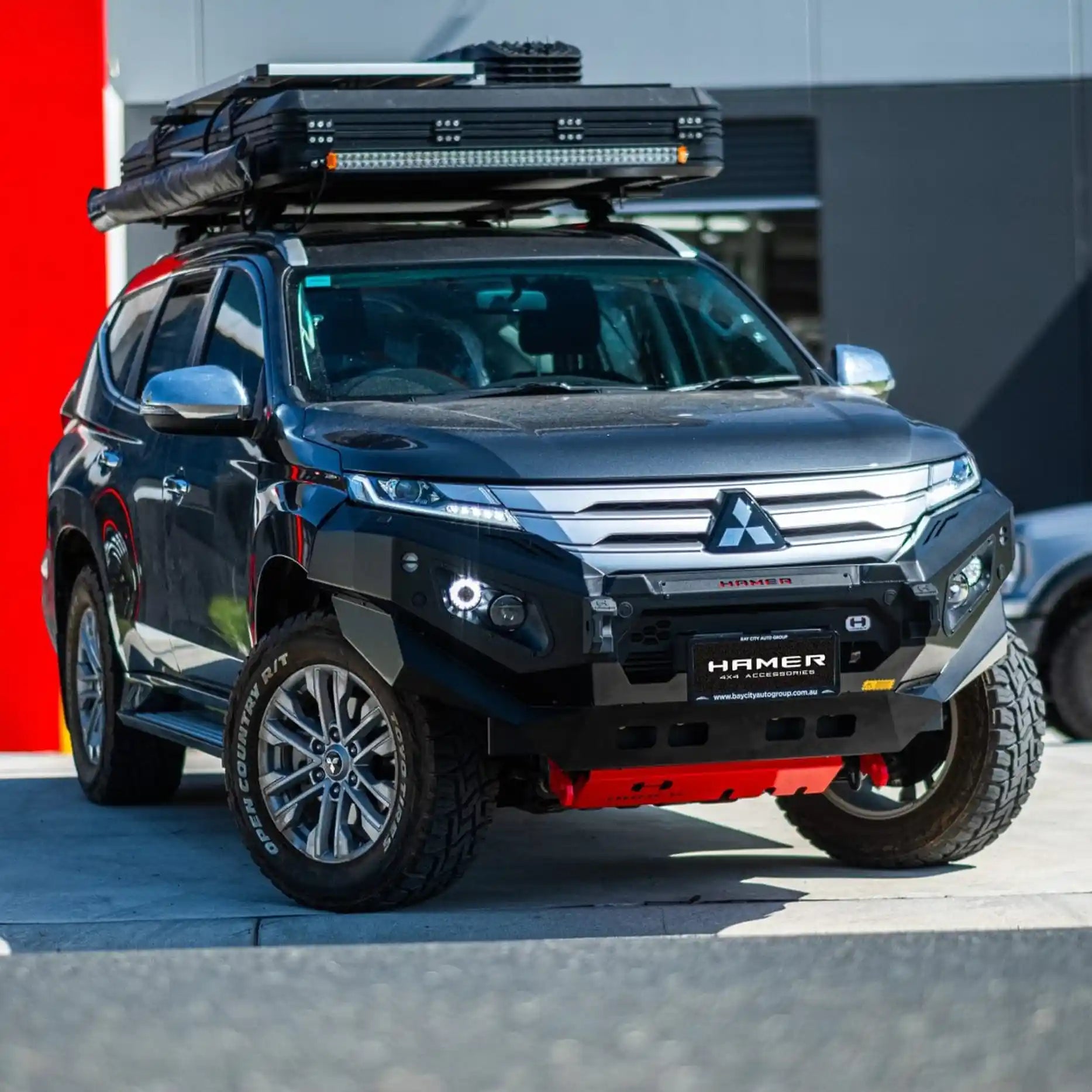 Left side profile of Mitsubishi Pajero Sport QF (2020–Present) with Hamer King Bull Bar, designed to integrate seamlessly with factory sensors and front camera relocation.