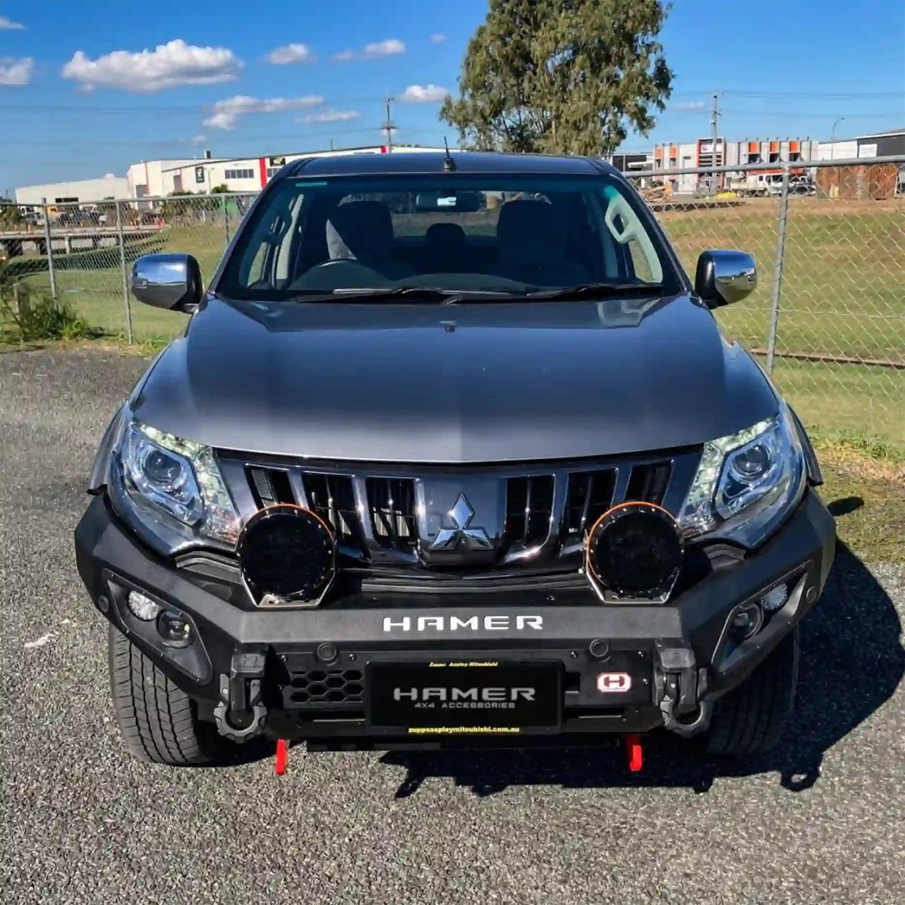 Front view of Hamer King Series Bull Bar on Mitsubishi Triton MQ (2015–2018), ADR compliant with 3 mm steel and LED lighting system.