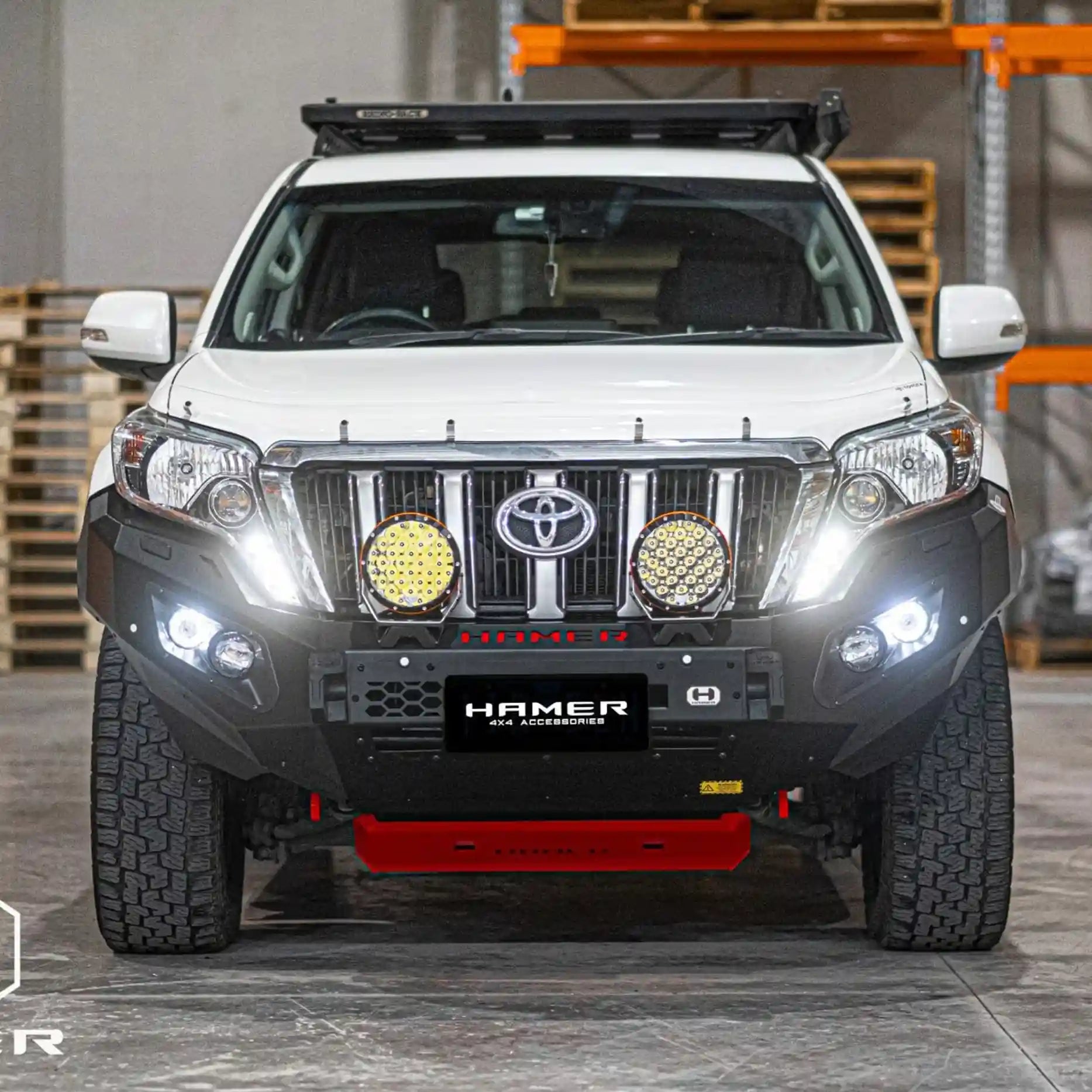 Front angle of Prado 150 Series 2013–2017 fitted with Hamer King Bull Bar, LED lights and winch compatible design.