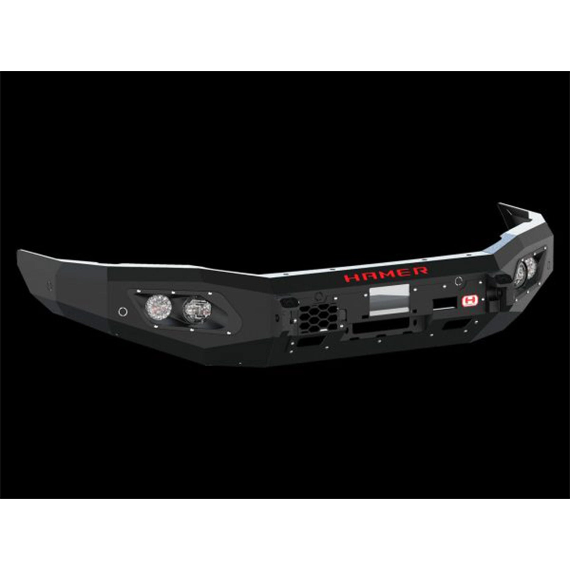 Product display of Hamer King Series Bull Bar for Ram 1500 DT (2021–Present), matte black powder coat with LED fog lamps.