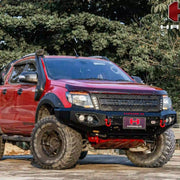 Left close-up of Hamer King Series Bull Bar installed on Ford Ranger PX1 (2012–2015) by Elevated 4x4 Australia, showing matte black finish, ADR compliance, and integrated LED lights.