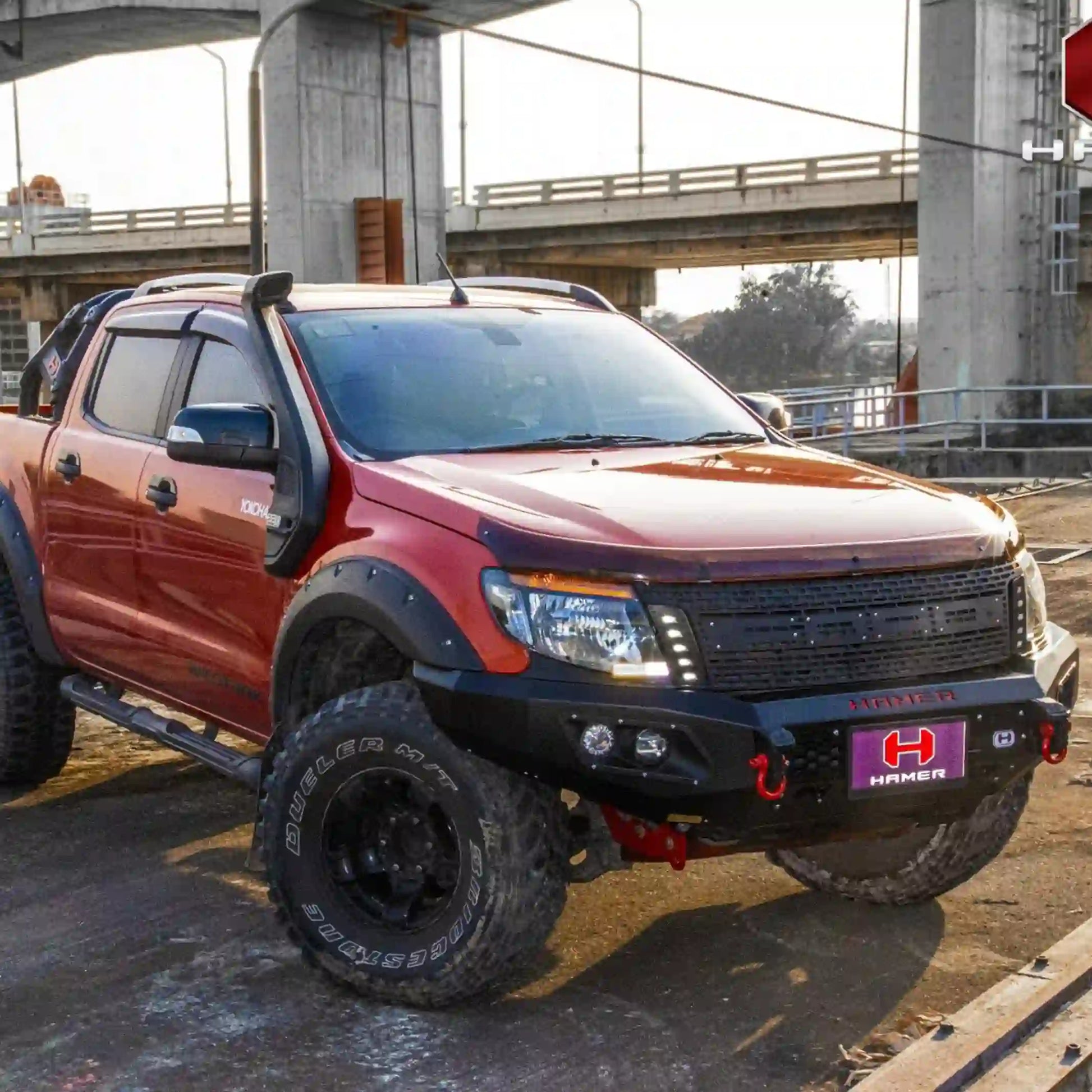 Left wide-angle installed view of Hamer King Series Bull Bar on Ford Ranger PX1 (2012–2015), highlighting matte black finish, full bumper replacement, winch compatibility, and Elevated 4x4 quality in Australia.