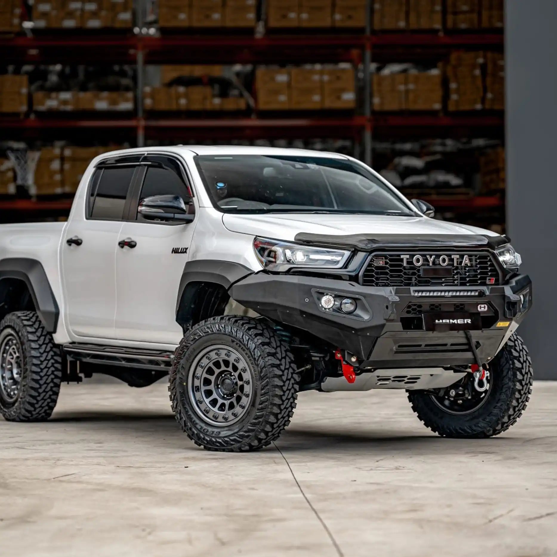 Left side of Toyota Hilux GR (2023–Present) fitted with Hamer King Series Bull Bar, rugged build and integrated design.