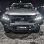 installed hamer king series bull bar on holden colorado 2016 2020 front view adr compliant matte black elevated 4x4