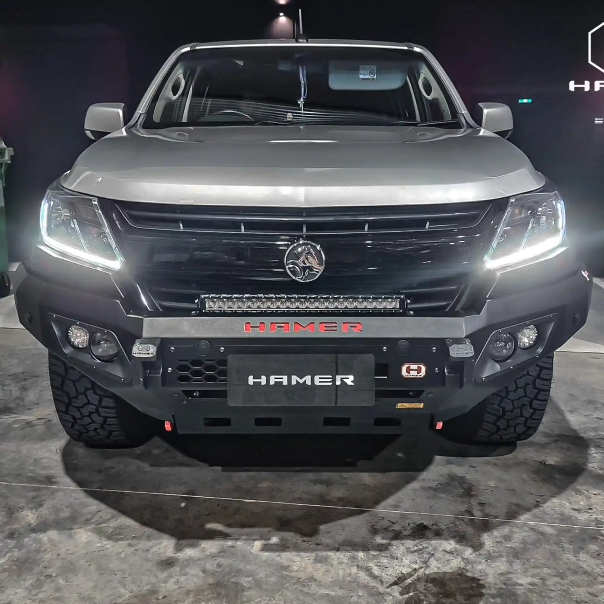 installed hamer king series bull bar on holden colorado 2016 2020 front view adr compliant matte black elevated 4x4