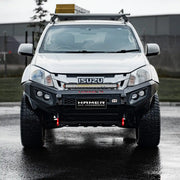 Front view of Isuzu D-Max (2012–2016) fitted with Hamer 4x4 King Series Bull Bar, ADR compliant, winch ready, with LED fog lamps and matte black finish.
