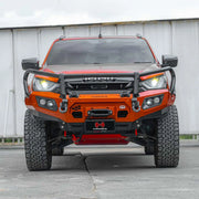 Front view of the Isuzu D-Max (2021–2024) fitted with the Hamer King Series Plus Bull Bar, finished in matte black with integrated LED lighting, recovery points, and full bumper bar replacement design.