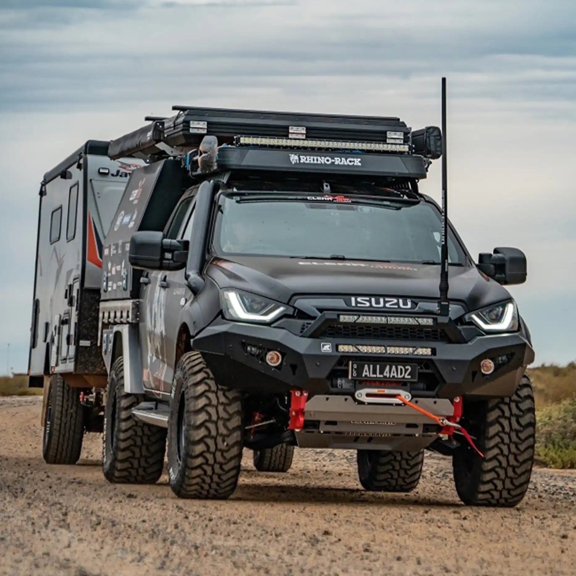 Close-up front view of the Offroad Animal Predator Bull Bar installed on an Isuzu D-MAX 2022, featuring integrated winch mounts and a matte-black powder-coated finish. Elevated 4x4 delivers a precision-fit solution that enhances toughness, airflow, and recovery readiness, proving why their off-road accessories lead Australia’s 4x4 protection market.