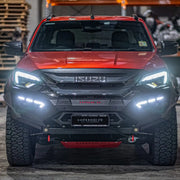 Front view of Isuzu D-Max 2024 with Atlas Series Bull Bar in matte black, featuring ADR compliance, integrated E-Mark certified LED lights, and seamless full bumper replacement design for maximum protection.