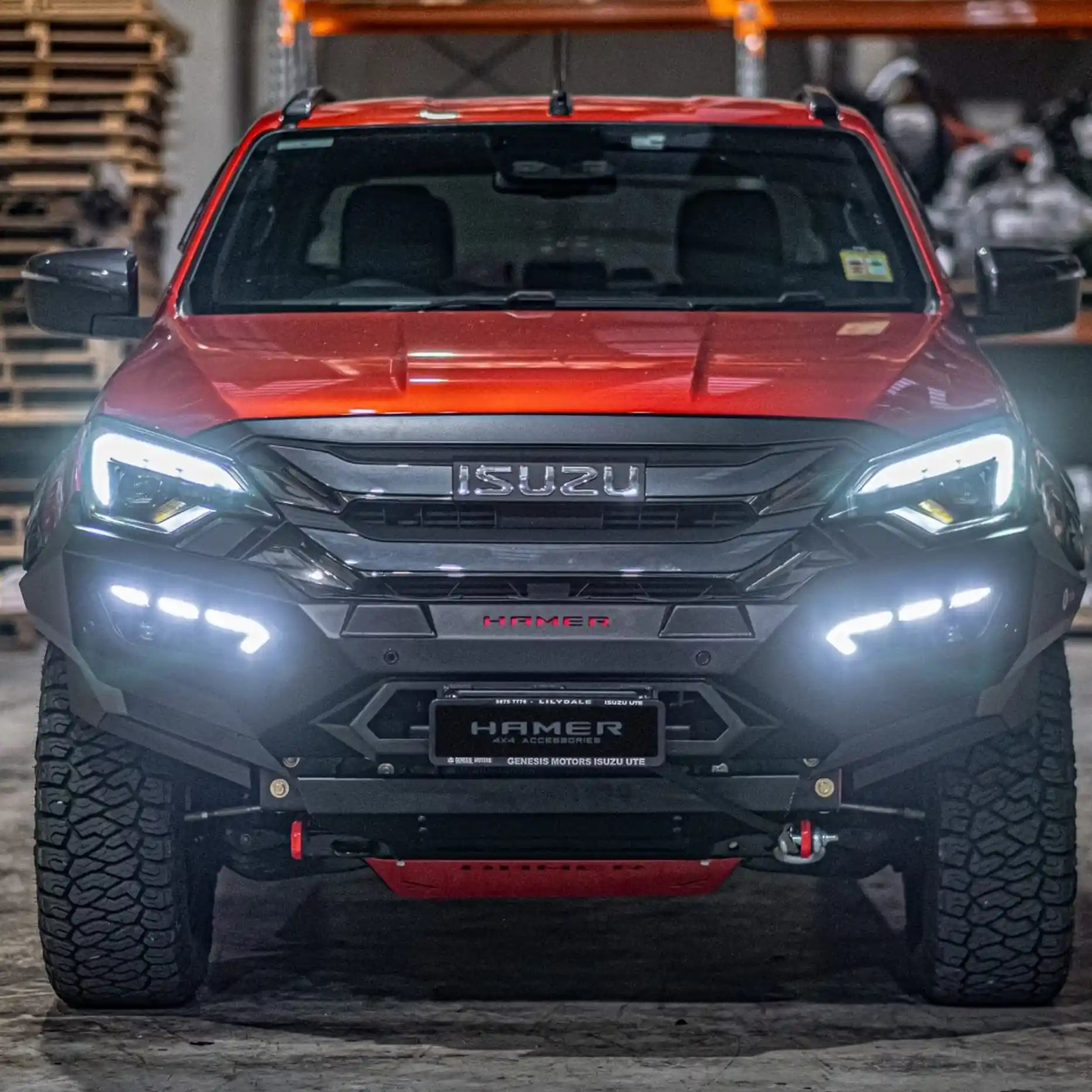 Front view of Isuzu D-Max 2024 with Atlas Series Bull Bar in matte black, featuring ADR compliance, integrated E-Mark certified LED lights, and seamless full bumper replacement design for maximum protection.