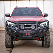 Front view of Hamer Atlas Plus Series Bull Bar on Isuzu D-Max 2024 – Present, showing full bumper replacement design, ADR / Airbag compliance, E-Mark LED lighting, and sleek matte black finish.