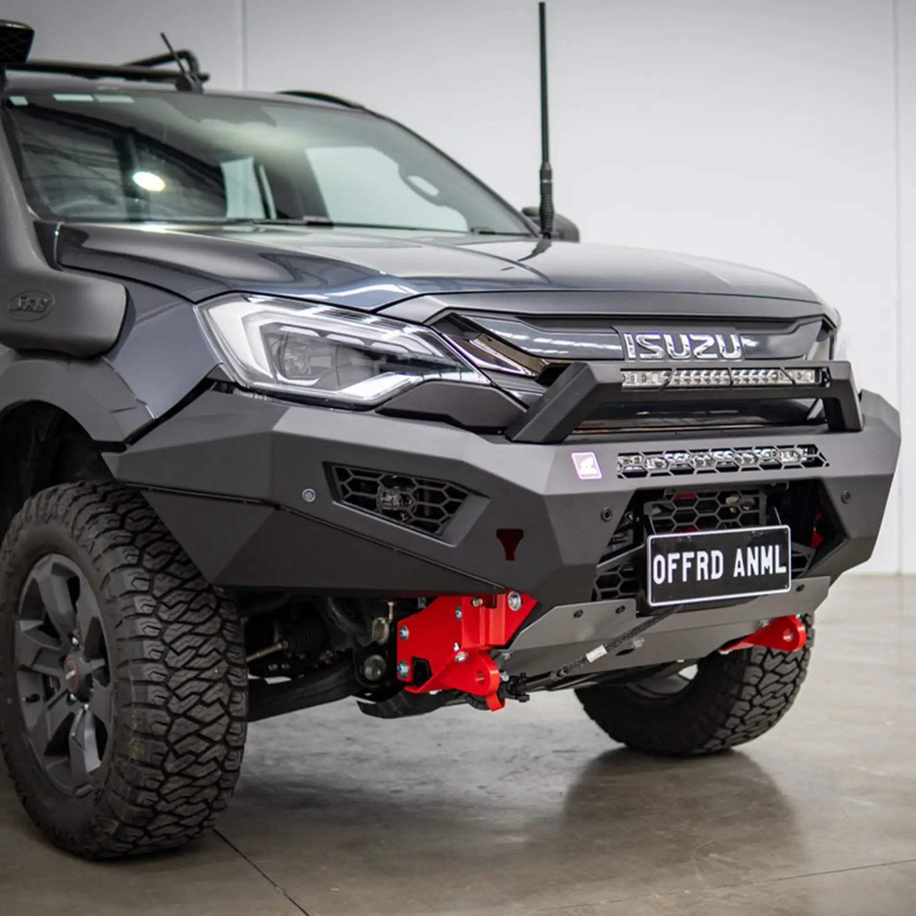 Left-side installed view of the Offroad Animal Predator Bull Bar on the 2024 Isuzu D-MAX X-Terrain, finished in durable matte black. Elevated 4x4’s expert fitting ensures perfect alignment, recovery-point access, and winch compatibility—making this the intelligent upgrade for Australians who want strength, safety, and standout design in one premium 4WD accessory.