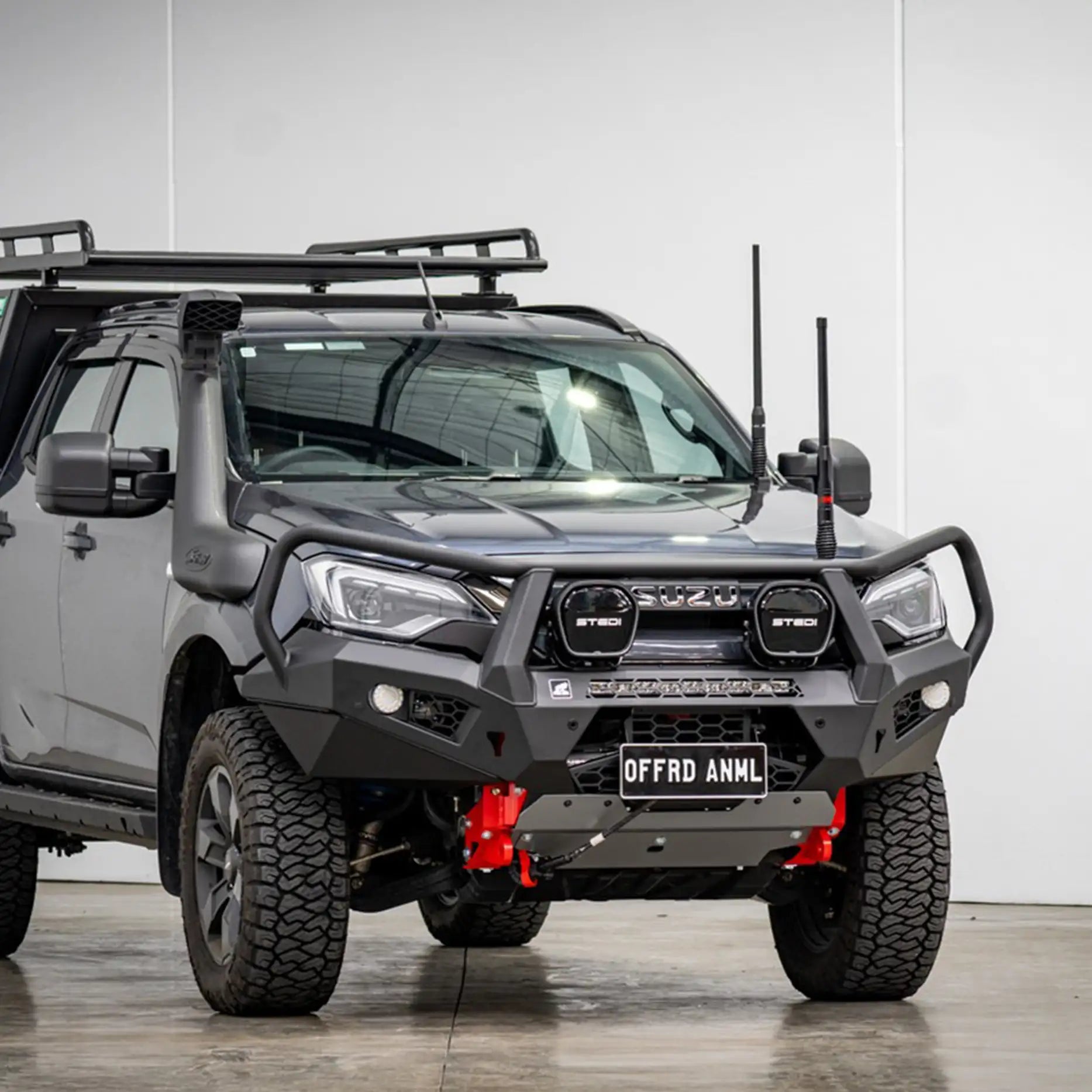Left-side installation view of the Offroad Animal Toro Bull Bar on a 2024+ Isuzu D-MAX, colour-matched and sensor-compatible for X-Terrain and Blade variants. Elevated 4x4 ensures precise fitting, high-strength recovery options, and enhanced off-road protection — built for those who demand reliability and refined performance from their 4WD accessories.