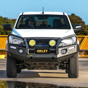 front installed oxley bull bar fitted to isuzu dmax 2019 2023 pre facelift adr compliant matte black bumper elevated 4x4
