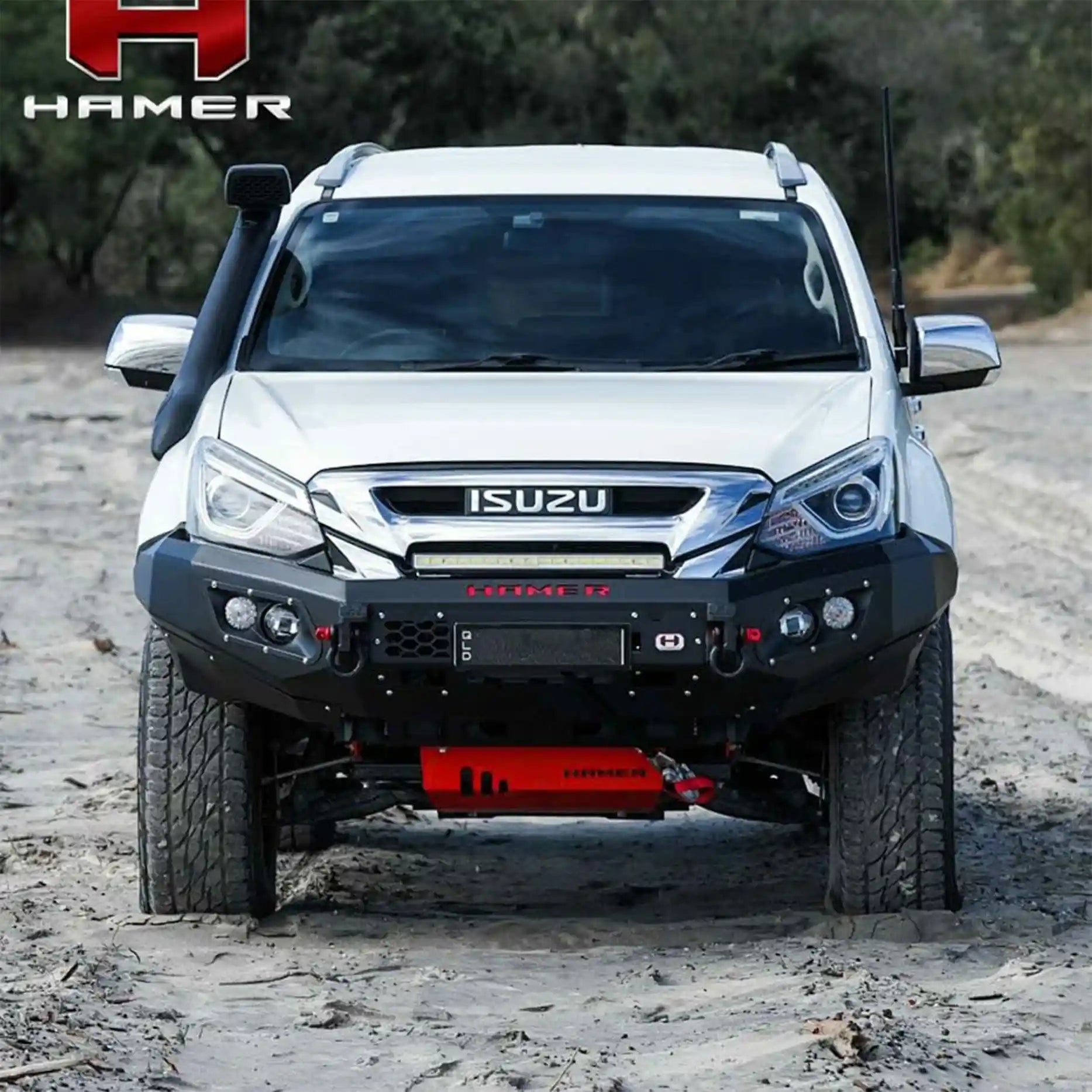 Angled front shot of Isuzu MU-X 2016–2020 with Hamer King Series Bull Bar, highlighting rugged 3mm high-grade steel construction and full bumper bar replacement design.