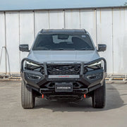 Front view of Isuzu MU-X (2025 – Present) fitted with Hamer Atlas Plus Series Bull Bar, showing rugged matte black finish, ADR compliance, and integrated LED lighting system for maximum safety and style.
