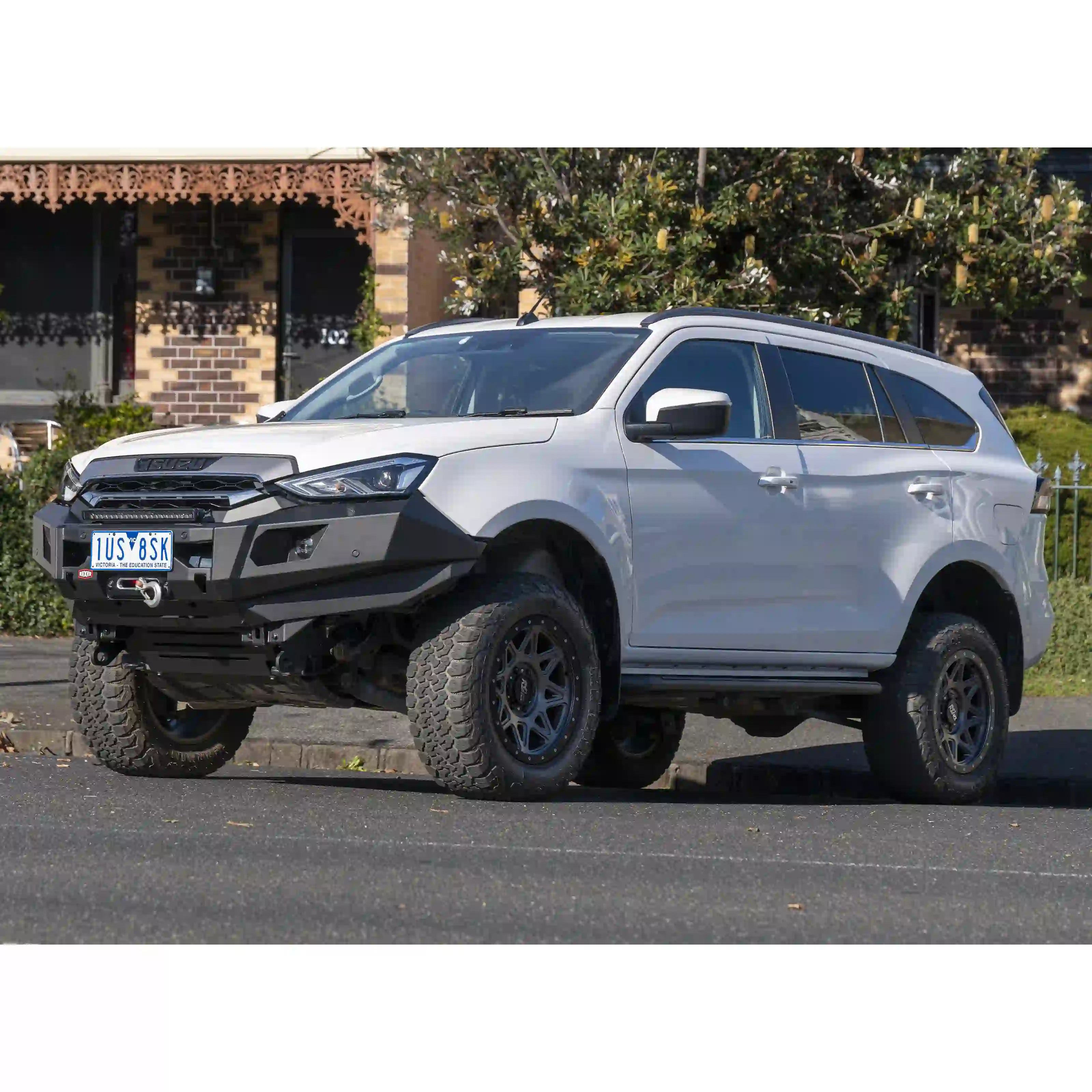 isuzu mux no loop raxar bull bar left side view highlighting driving light mounting points inner wing bracing and airflow friendly split pan design built for australian offroad conditions this stylish yet functional bull bar provides strength safety and reliability available nationwide from elevated 4x4