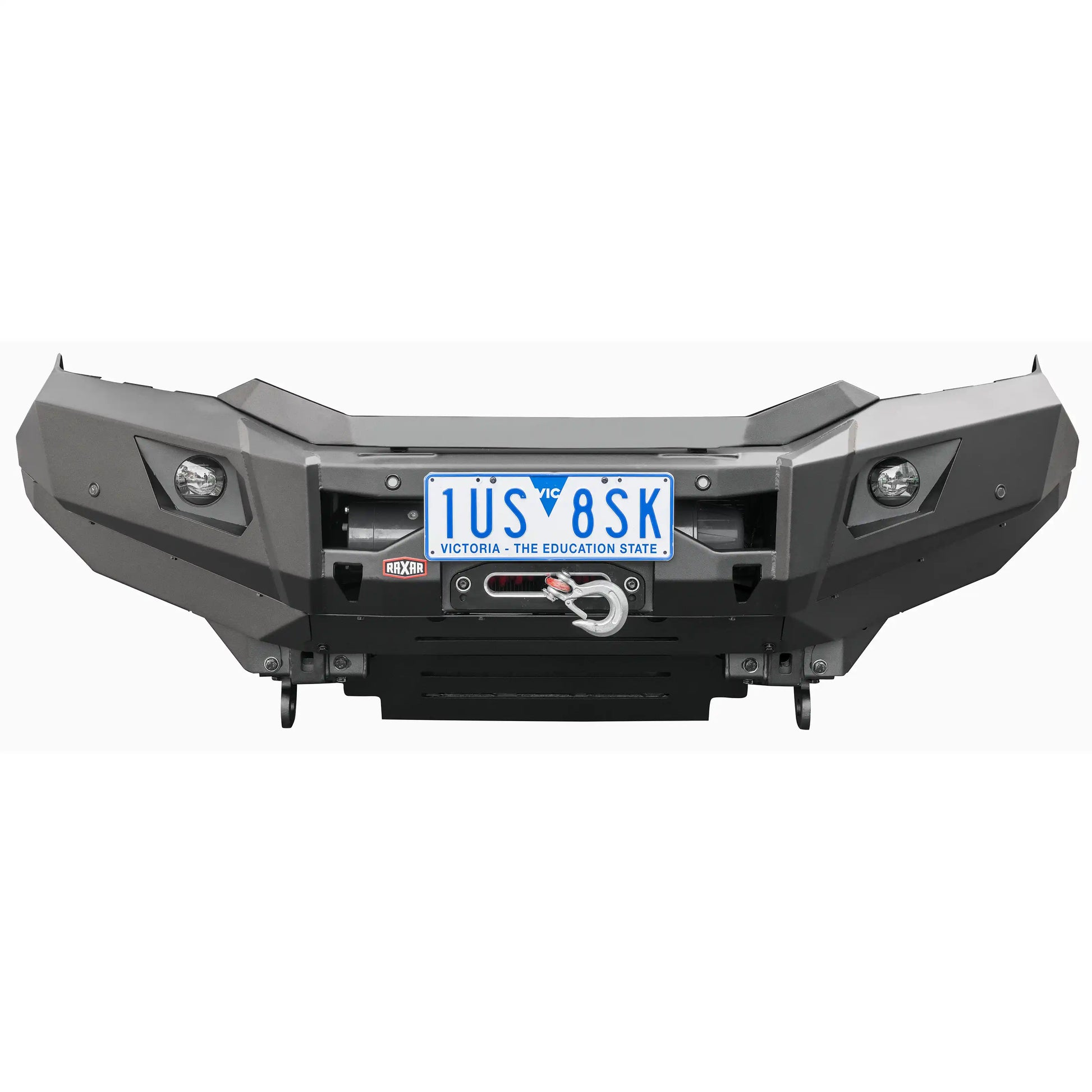 isuzu mux no loop raxar bull bar product front view showcasing bumper replacement design underbody bash plates fog light compatibility and e coated durable finish this functional bull bar is engineered for toughness safety and offroad performance across australia supplied by elevated 4x4
